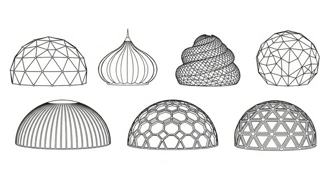 Architectural dome wireframe collection. Includes geodesic, ribbed, spiral, honeycomb, and triangular grid dome structures. Created in outline style with black and white palette.