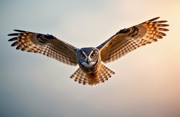 Fototapeta premium Long eared owl flies with wide wingspan, sharp orange eyes gaze forward. Nocturnal bird of prey in silent flight, hunting at dusk or dawn. Wild creature winging through open sky.