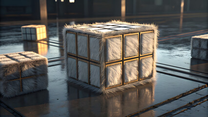 Glowing geometric ice cube with soft fur texture on reflective wet surface in dark moody lighting