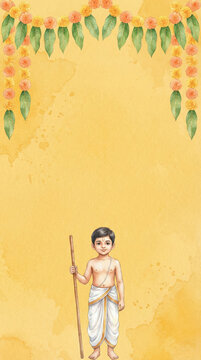 Upanayana Thread Ceremony Invitation Template with Indian Boy and Marigold Garland Watercolor Background