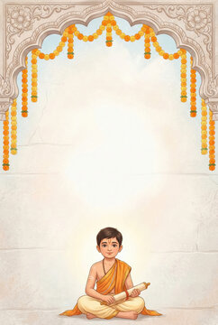 Upanayana Thread Ceremony Invitation Background Template with Indian Boy and Marigold Arch Watercolor Illustration