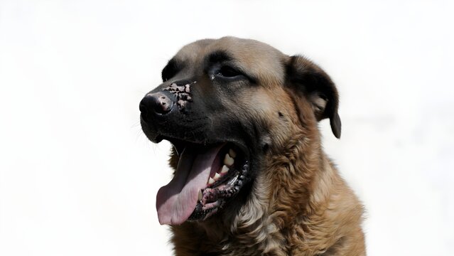 Dog showing signs of dehydration with open mouth, dry nose, lethargic expression and heavy panting, isolated on white background, canine health problem concept.