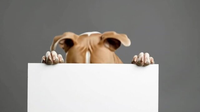 A brown dog peers over a blank white sign its paws resting on the edge set against a gray background
