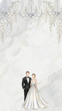 Wedding Reception Invitation Background with Bride Groom Watercolor Illustration and Elegant Marble Copy Space