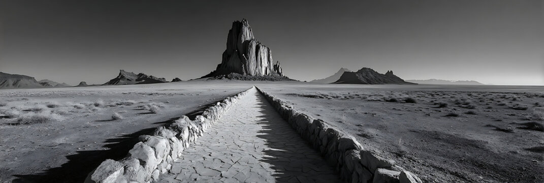 Dramatic Black and White Panoramic View of Shiprock Monument and Path, New Mexico Desert Landscape