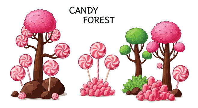Vector illustration of a whimsical candy forest with pink lollipop trees, green bushes, and chocolate rocks, isolated on a white background.