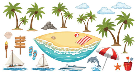 Obraz premium Vector illustration set of tropical beach elements including palm trees, sandy shore, ocean waves, sailboats, umbrella, and flip-flops, isolated on white background.