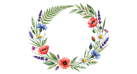 Naklejka premium Watercolor floral wreath with poppies, lavender and ferns isolated on transparent background