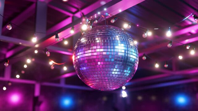 VJ loop. Dance intro for a disco. Retro animation. Disco style. Bright lights. Easy listening. Looping 3D animation of a spinning disco ball. Spinning disco ball with glare on mirrors.