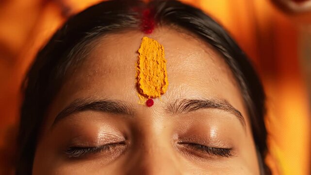 Close Up Of A Woman Receiving A Yellow And Red Tilak On Her Forehead During A Ritual