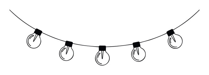 Simple outline string lights garland with multiple illuminated bulbs creates a festive and decorative atmosphere, perfect for party invitations, event decor, and holiday celebrations.