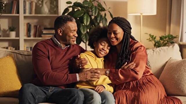 African American parents and daughter sitting on sofa embracing. Warm evening light creates cozy atmosphere of love and togetherness. Ideal for family values or parenting advertising.