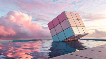Floating pastel geometric cube reflecting on calm water at sunset with soft pink and blue sky clouds
