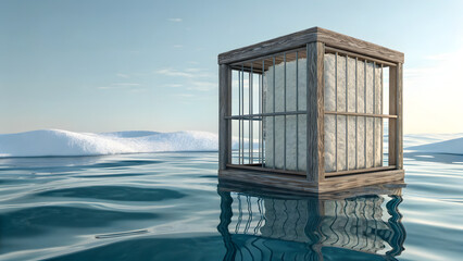 Wooden open cube cage floating on reflective water at sunrise with misty mountains and soft light
