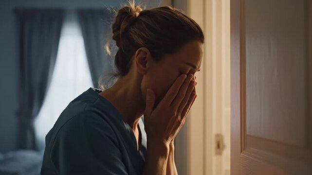 Exhausted nurse in blue scrubs leans against a doorframe. She looks stressed and overwhelmed after a long shift. Ideal for mental health awareness.