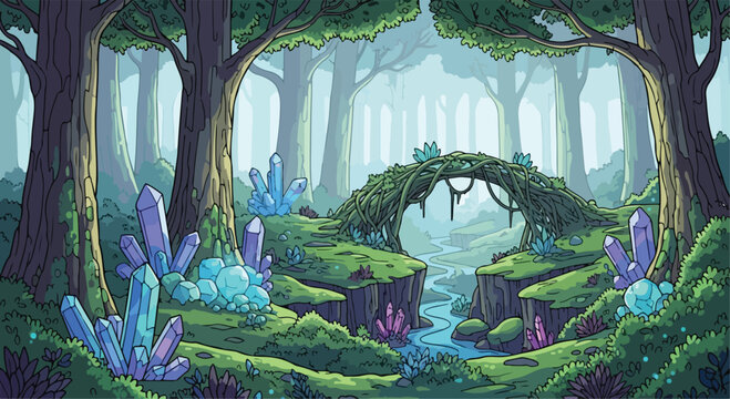 Pixel art vector illustration of a magical fantasy forest with glowing blue and purple crystals, a mossy stone bridge, and a winding river flowing through lush green foliage.