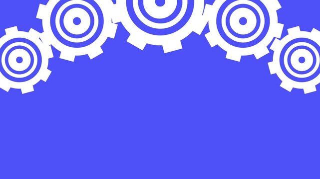 White mechanical gears motion forming an arch along the top of a blue background. 4K