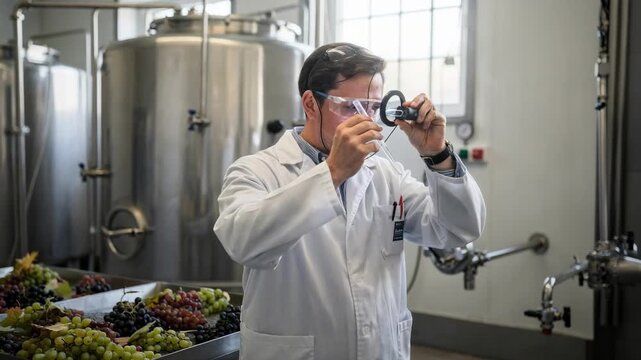 Medium shot of a winemaker checking grape sugar content with a refractometer highlighting quality control during wine production in a professional setting.