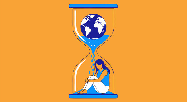 Concept vector illustration of a sad person inside an hourglass with the Earth falling down, representing environmental crisis and time running out