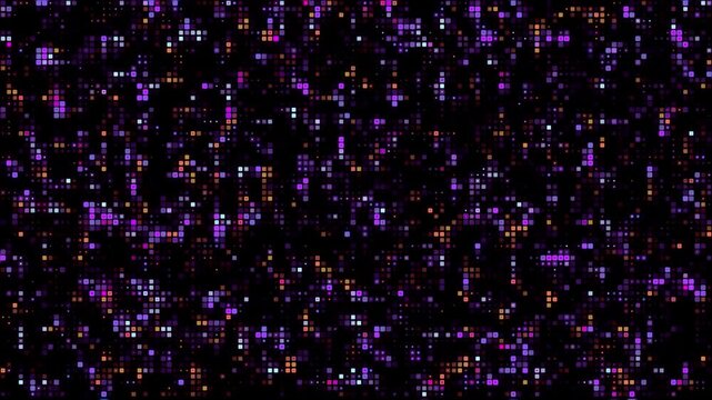 Glowing square tiles with different shades of purple. A looped repeating purple digital mosaic with a pixel grid. Flickering pixels on a dark screen. 4k footage