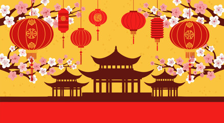 Obraz premium Festive Chinese New Year celebration vector illustration with traditional lanterns and pagodas