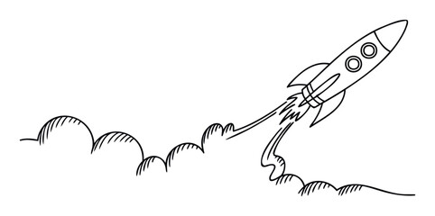 Simple line drawing of a rocket blasting off with smoke trails representing startup concepts growth innovation and future development perfect for business presentations educational