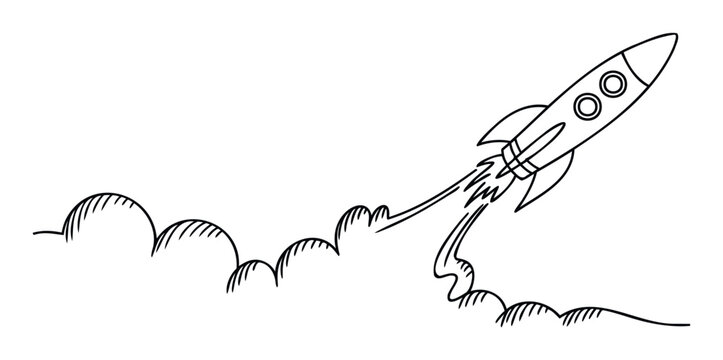 Simple line drawing of a rocket blasting off with smoke trails representing startup concepts growth innovation and future development perfect for business presentations educational