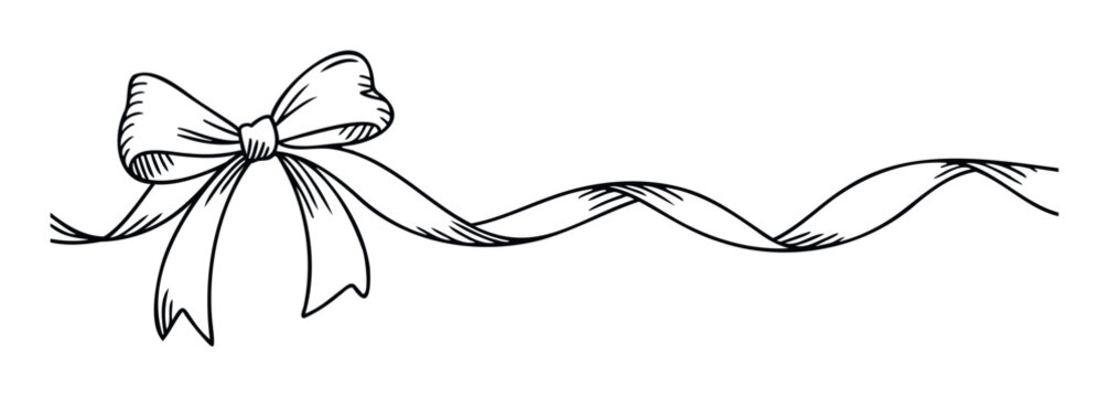 A classic hand drawn black outline sketch of a decorative ribbon bow with a long flowing streamer ideal for event celebration branding or elegant packaging designs
