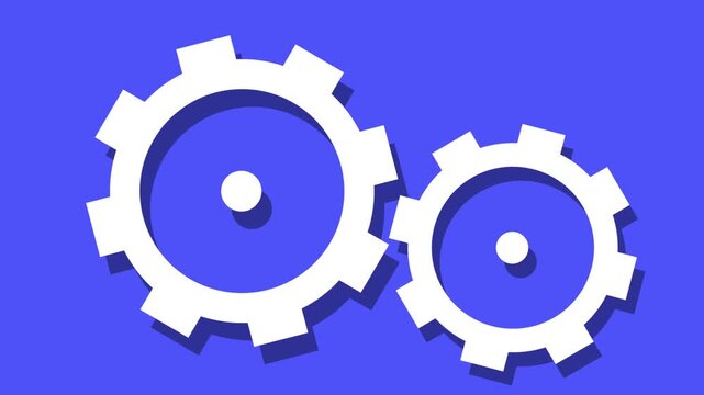 Two white interlocking mechanical gears motion on a blue background