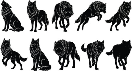 Black Silhouette Dogs Various Poses Illustration. © rama coloring studio