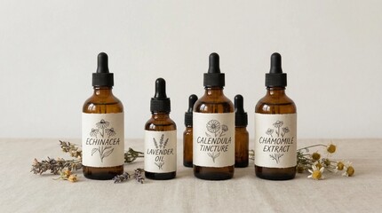 Assorted herbal tinctures and essential oils in amber glass dropper bottles on a linen surface