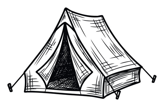 A hand drawn sketch of a classic Aframe tent perfect for outdoor adventure and recreational camping themed graphic projects and web applications