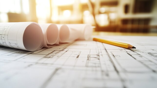 drafting. Architectural blueprint on drafting table with pencil and ruler under warm lamp light. real-estate listings.