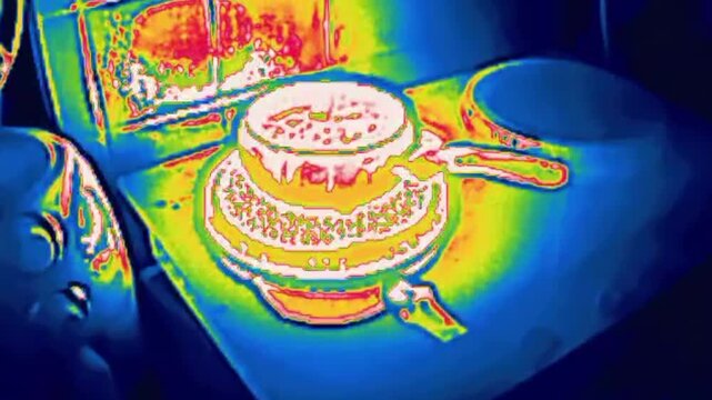 The birthday cake is waiting impatiently to be given away. The birthday cake is waiting impatiently to be given away. Image from thermal imager device