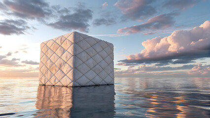 Soft Textured Cube Sculpture Floating on Water at Sunset Sky with Clouds, Abstract Zen Concept