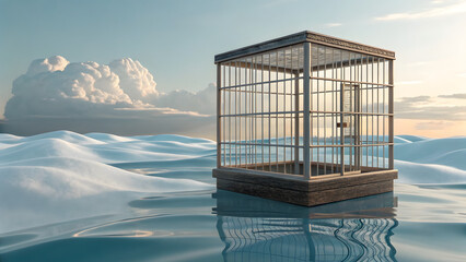 Empty wooden cube cage floating on reflective water at sunrise with snowy mountain backdrop