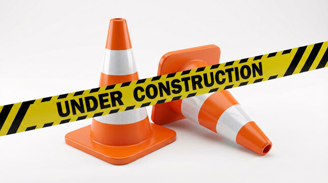 Two orange and white traffic cones with a yellow and black striped "UNDER CONSTRUCTION" tape across them, isolated on a white background.