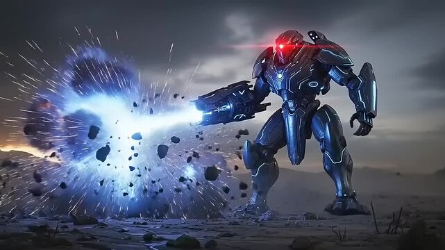 Futuristic Robot Firing Energy Beams in Desert.