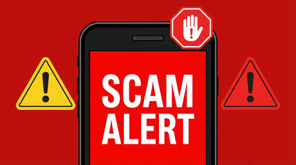Scam alert notification on a black smartphone screen with a red background, featuring a stop hand sign and two triangular warning signs with exclamation marks.