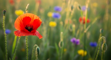 Vibrant wildflowers basking in the gentle sunlight of a meadow.