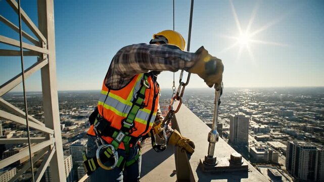 A construction worker in safety gear uses a wrench on a steel beam high above a city. The bright sun shines over the urban landscape. Ideal for industrial safety and labor themes.