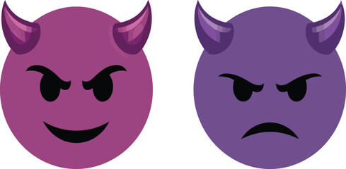 Two purple devil emoji icons with horns featuring one smiling face and one angry expression.