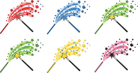 Vector illustration of six colorful magic wands with sparkling stars and bursts, fantasy design elements for whimsical magical artwork and decoration. © Hello World