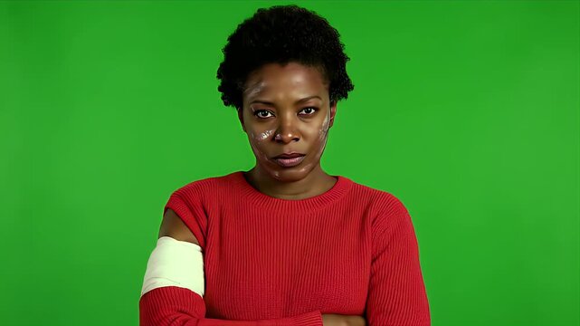 Determined Woman Athlete with Sweat and Bandage on Arm Stands Confidently Against Green Screen Background Showing Resilience and Strength