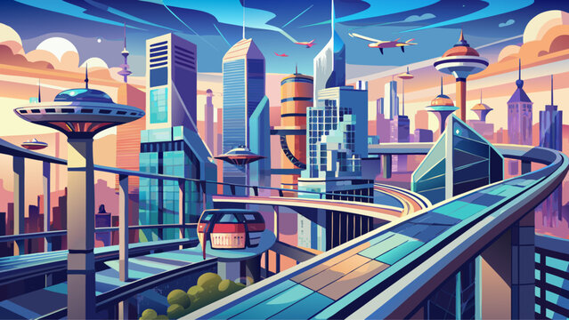 Very beautiful elevated skybridge network connecting crystalline skyscrapers, featuring drone corridors and holographic transit hubs, redefining metropolitan mobility and layered city life in 2032.