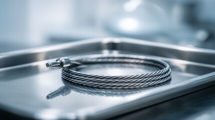 endoscope. A single medical endoscope coiled on a sterile tray, its metallic surface reflecting soft ambient light. product launch decks.