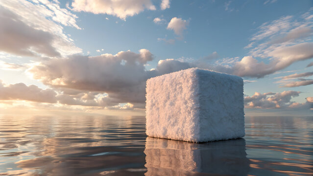 Soft Angora Textured Cube Sculpture Suspended Over Reflective Water at Sunset