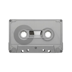 Obraz premium A grey audio cassette tape with visible spools and magnetic tape, isolated on a white background, representing vintage sound recording technology.