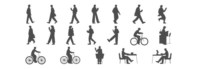 Fototapeta premium Set of Modern People Line Art Silhouettes for Architectural Visualization; Minimalist Vector Collection of Walking, Cycling, and Working Figures using Phones and Laptops for CAD Drawing