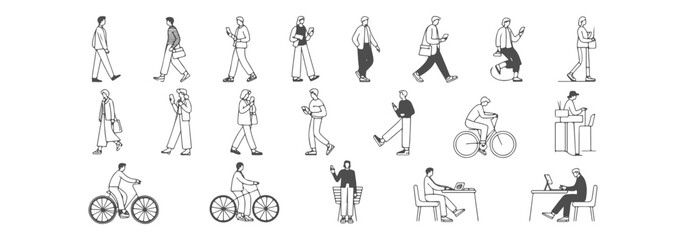 Obraz premium Set of Modern People Line Art Silhouettes for Architectural Visualization; Minimalist Vector Collection of Walking, Cycling, and Working Figures using Phones and Laptops for CAD Drawings